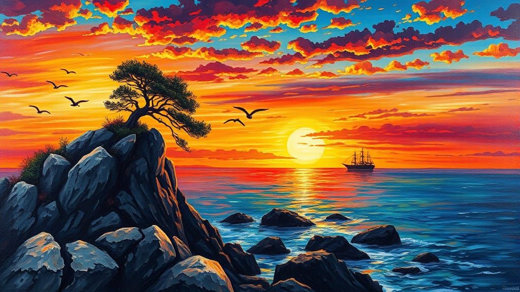 Vibrant Sunset Over Rocky Coastline in Neo-Impressionist Sty...