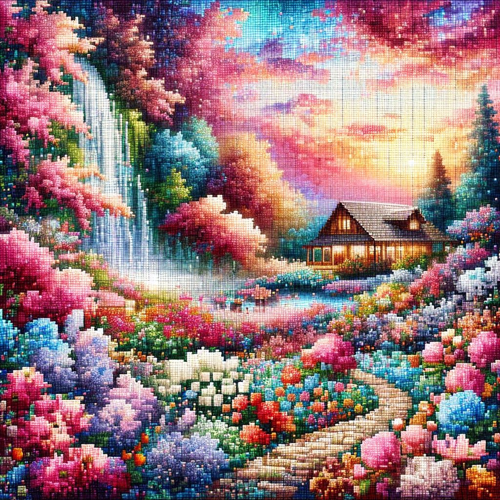 Vibrant Mosaic Garden at Sunset