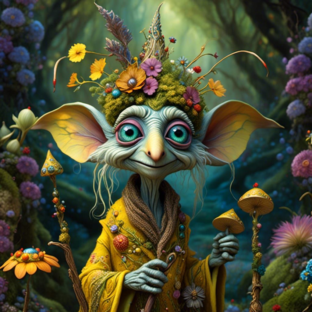 Whimsical Forest Scene with Fantastical Elderly Character