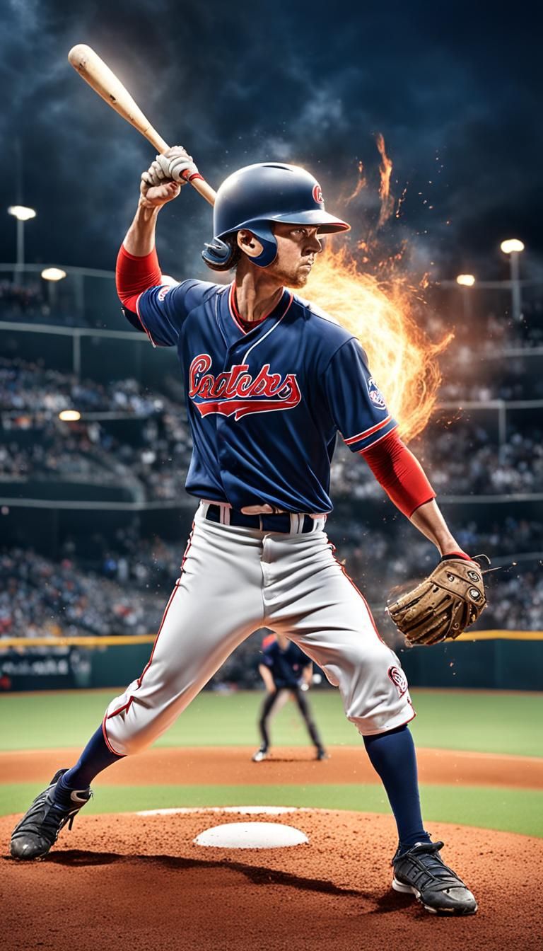 Fiery Baseball Batter in Dreamlike Stadium