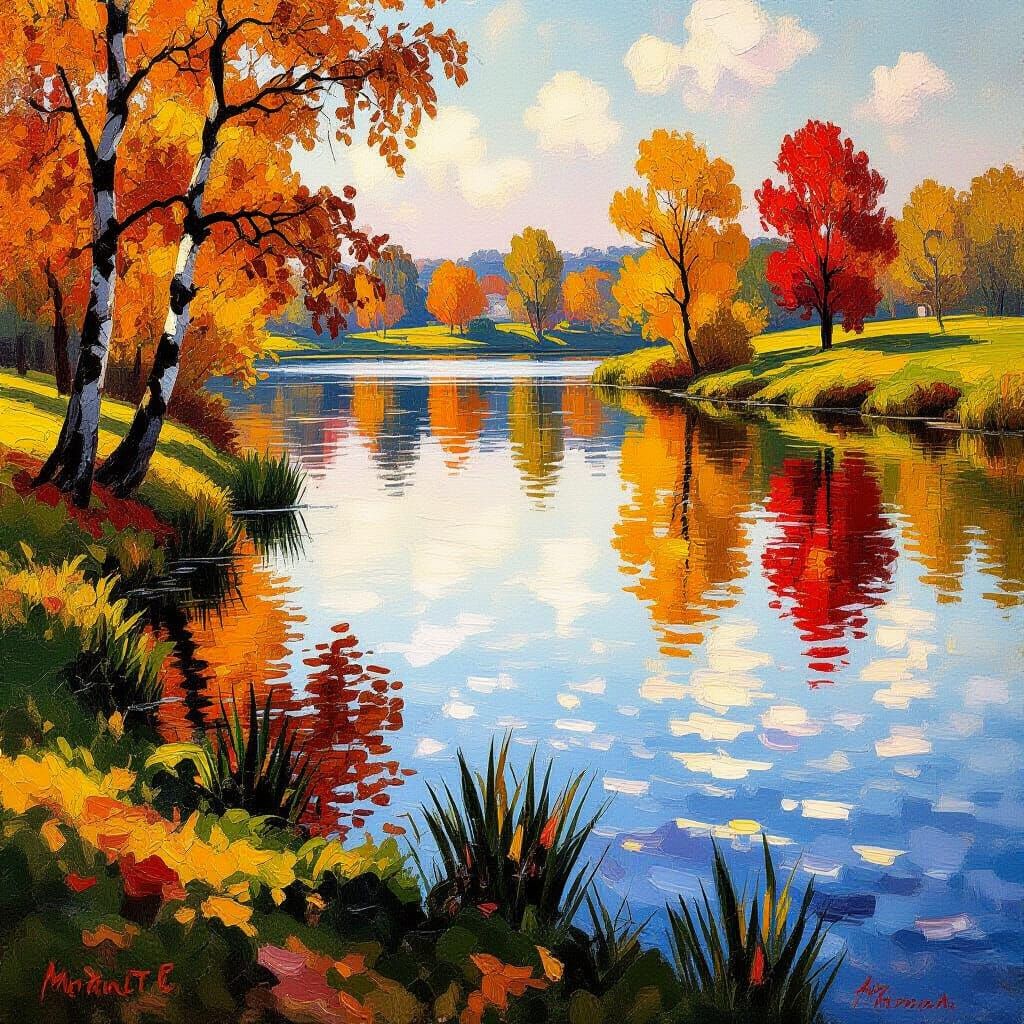 Autumn Lake Serenity: Impressionist Oil Painting