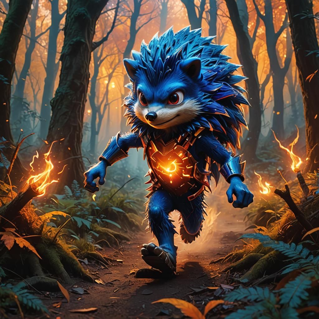 Blue Hedgehog Runs Through Mystical Forest