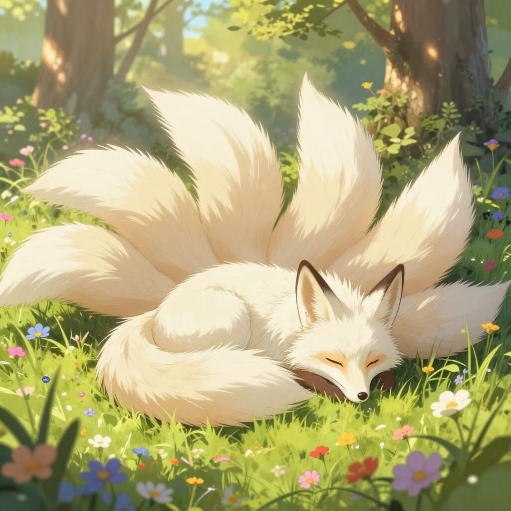 Ninetales Fox Sleeping in Sun-Dappled Wildflower Meadow