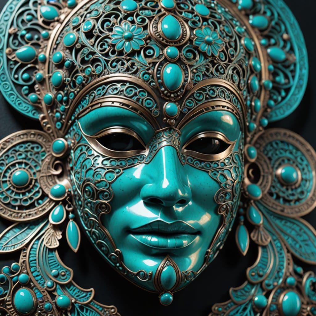 Glowing Turquoise Mask with Intricate Metallic Patterns