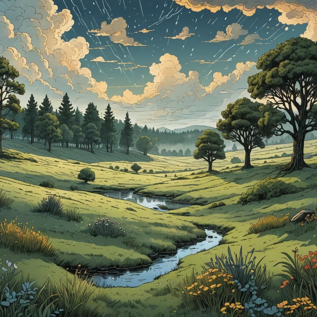 Dawn Meadow with Rain: Retro D&D Illustration