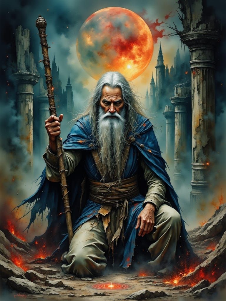 Weary Wizard Kneeling in a Ruined Castle