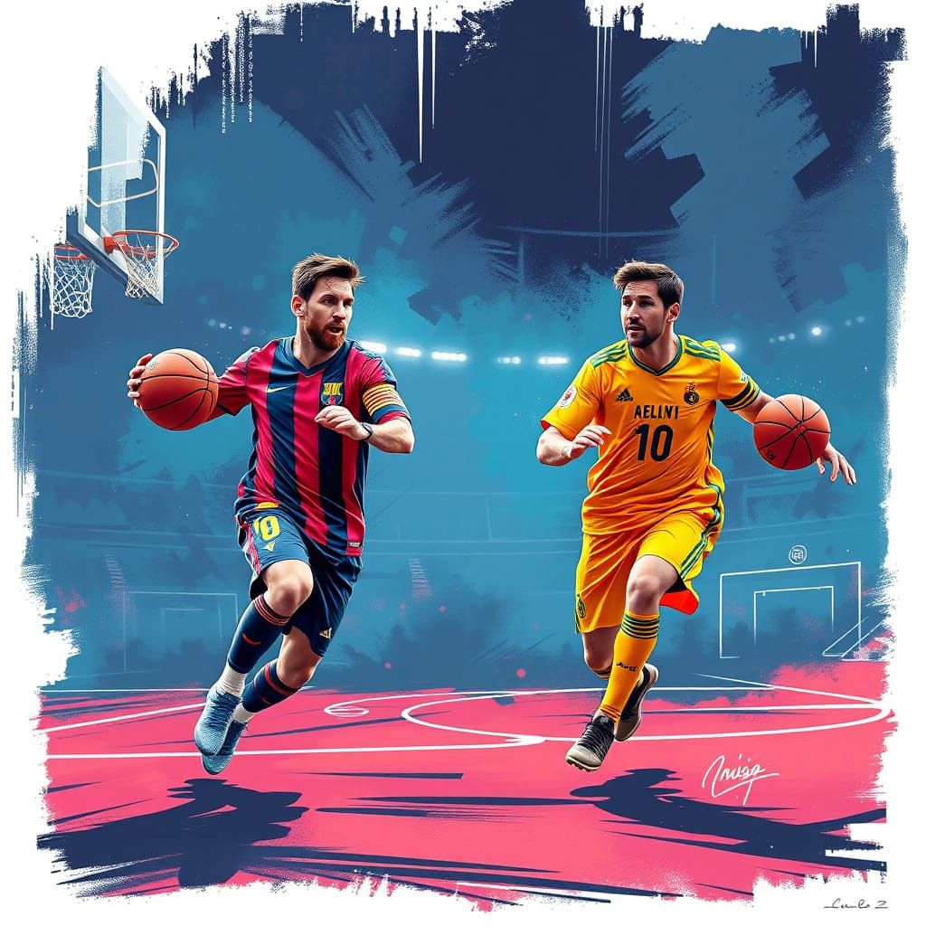 Messi and Cristiano Play Basketball in Ash Thorp Style