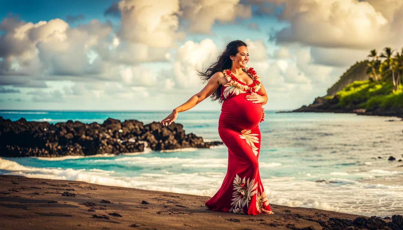 Pregnant Hawaiian Woman Dancing Aloha by the Sea