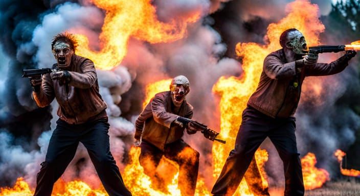 Zombies Ablaze: Flamethrower Fury in Apocalyptic Scene