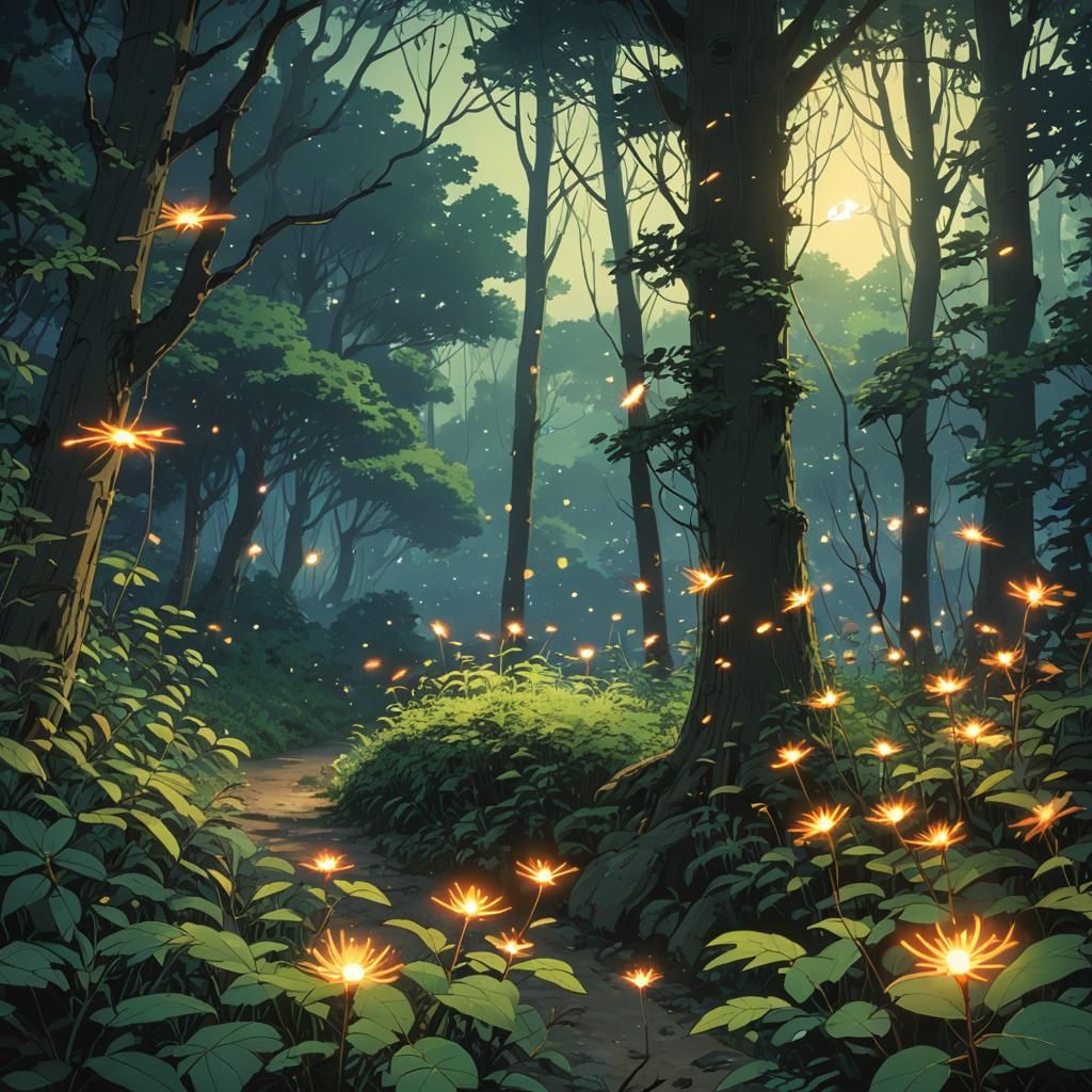 Fireflies in Forest: Studio Ghibli Anime Visual