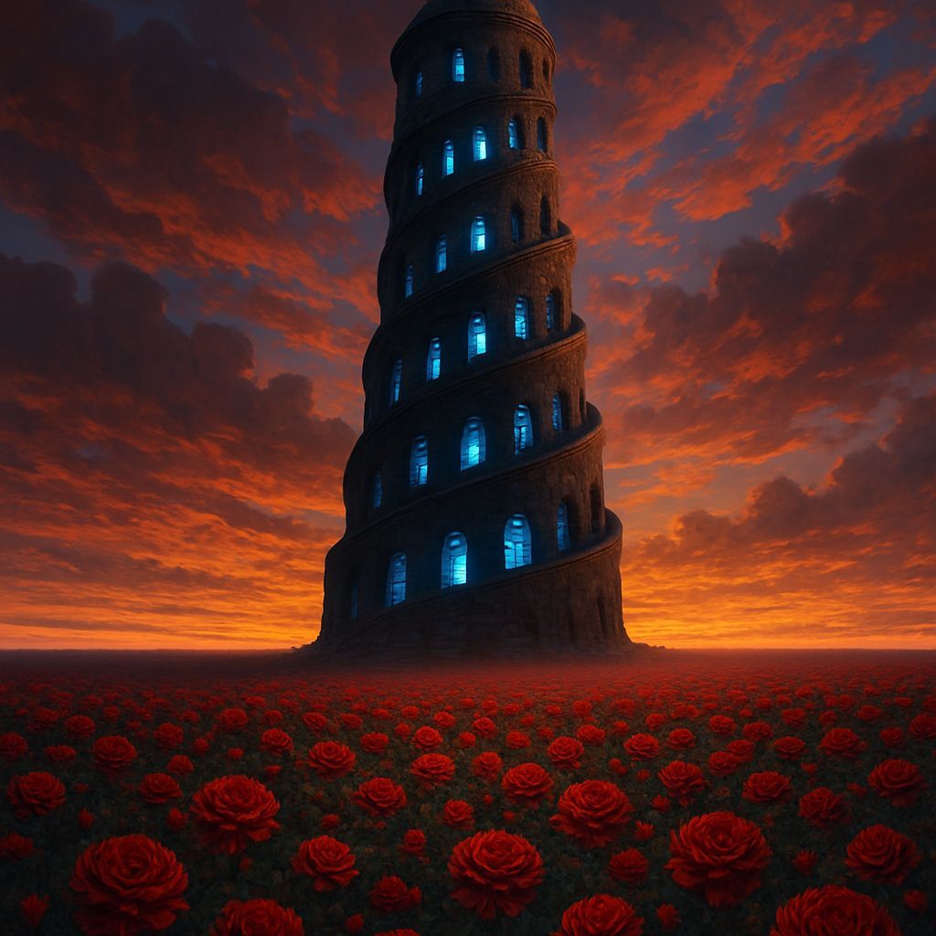 Ethereal Blue Tower Ascends Amidst Red Roses at Sunset