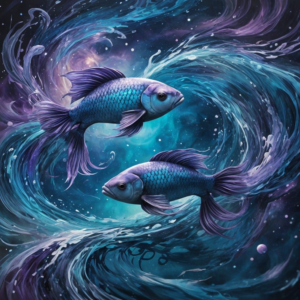 Dreamy Celestial Dance of Twin Fish in Cosmic Waters