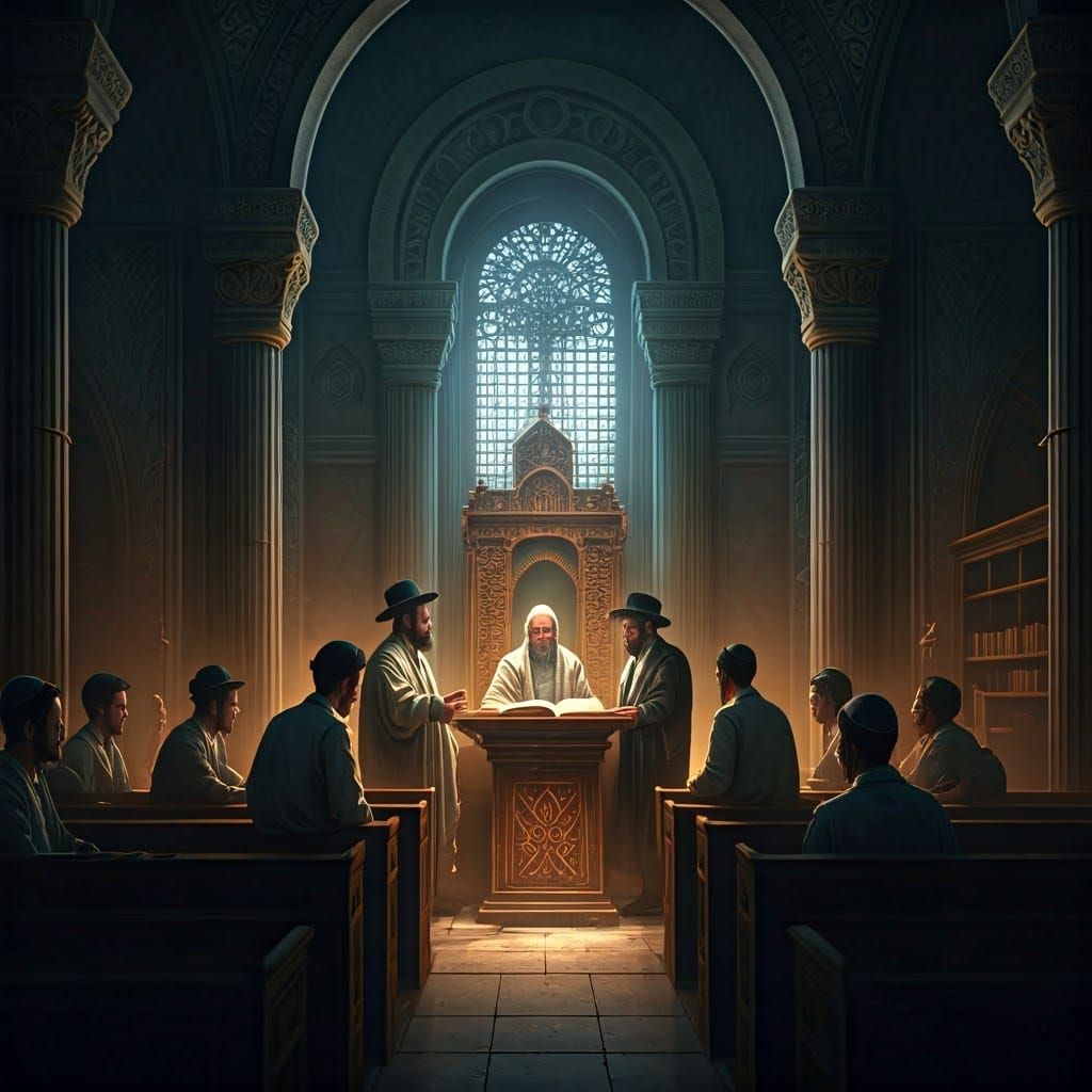 Orthodox Jewish Students Gathered Around Rabbi in Ancient St...