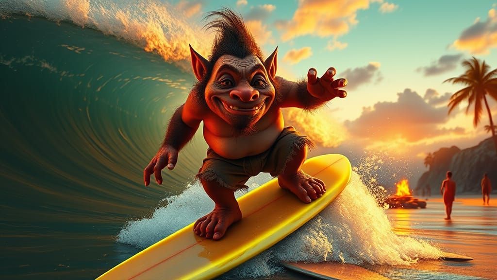Hulking Troll Rides Surfboard in Hyperrealistic Tropical Bea...