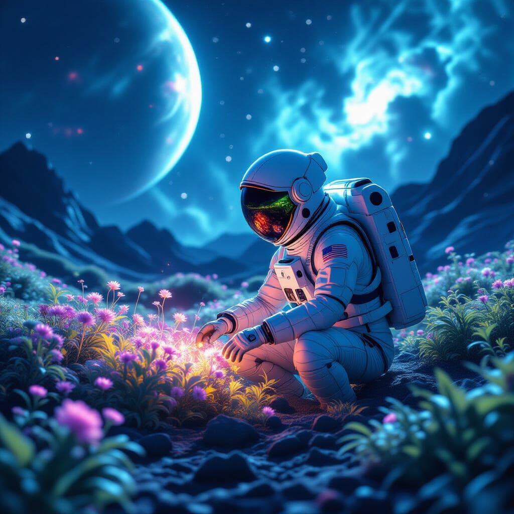 Astronaut Tends Bioluminescent Garden on Moon