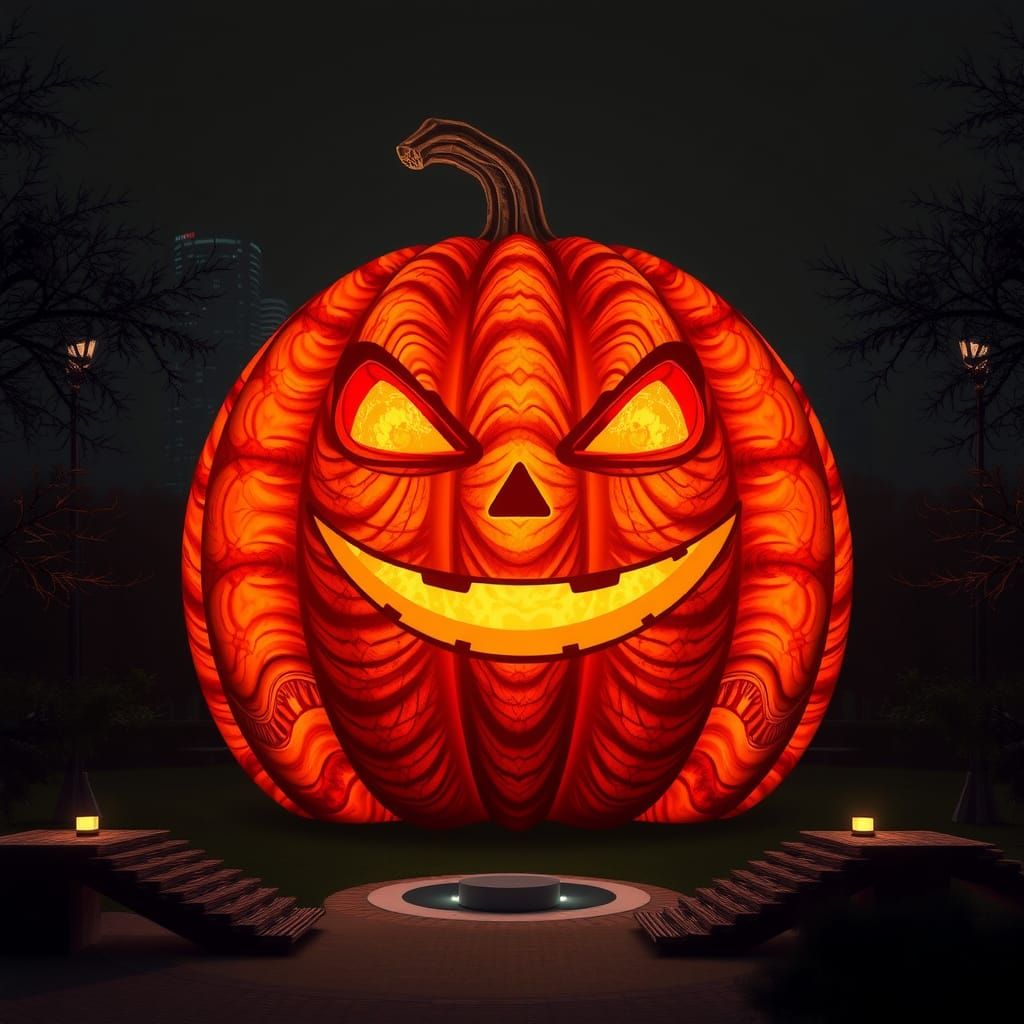 Ethereal Glowing Pumpkin in Futuristic City Park
