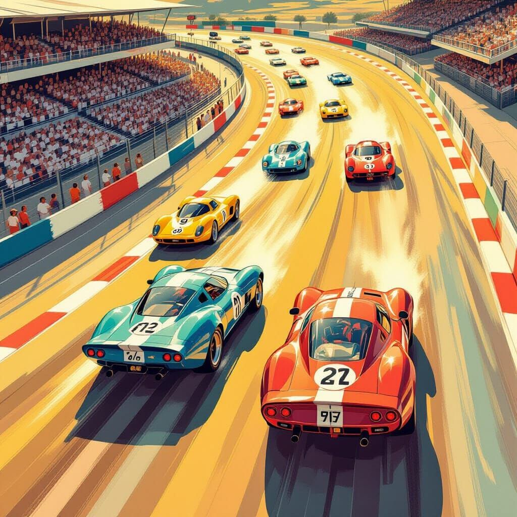 Vintage Car Race in Retro-Futurist Impressionistic Style