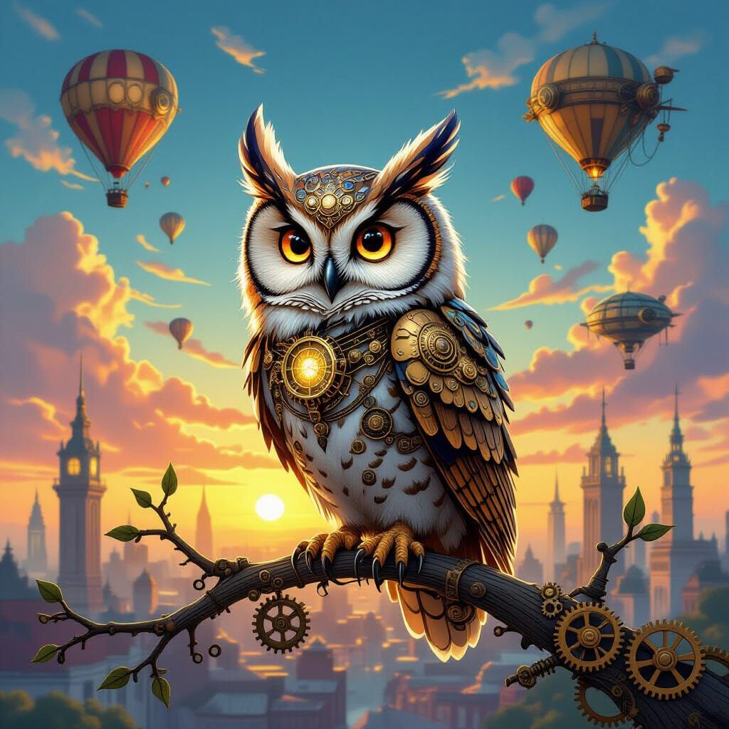 Clockwork Owl Over Steampunk City at Dawn