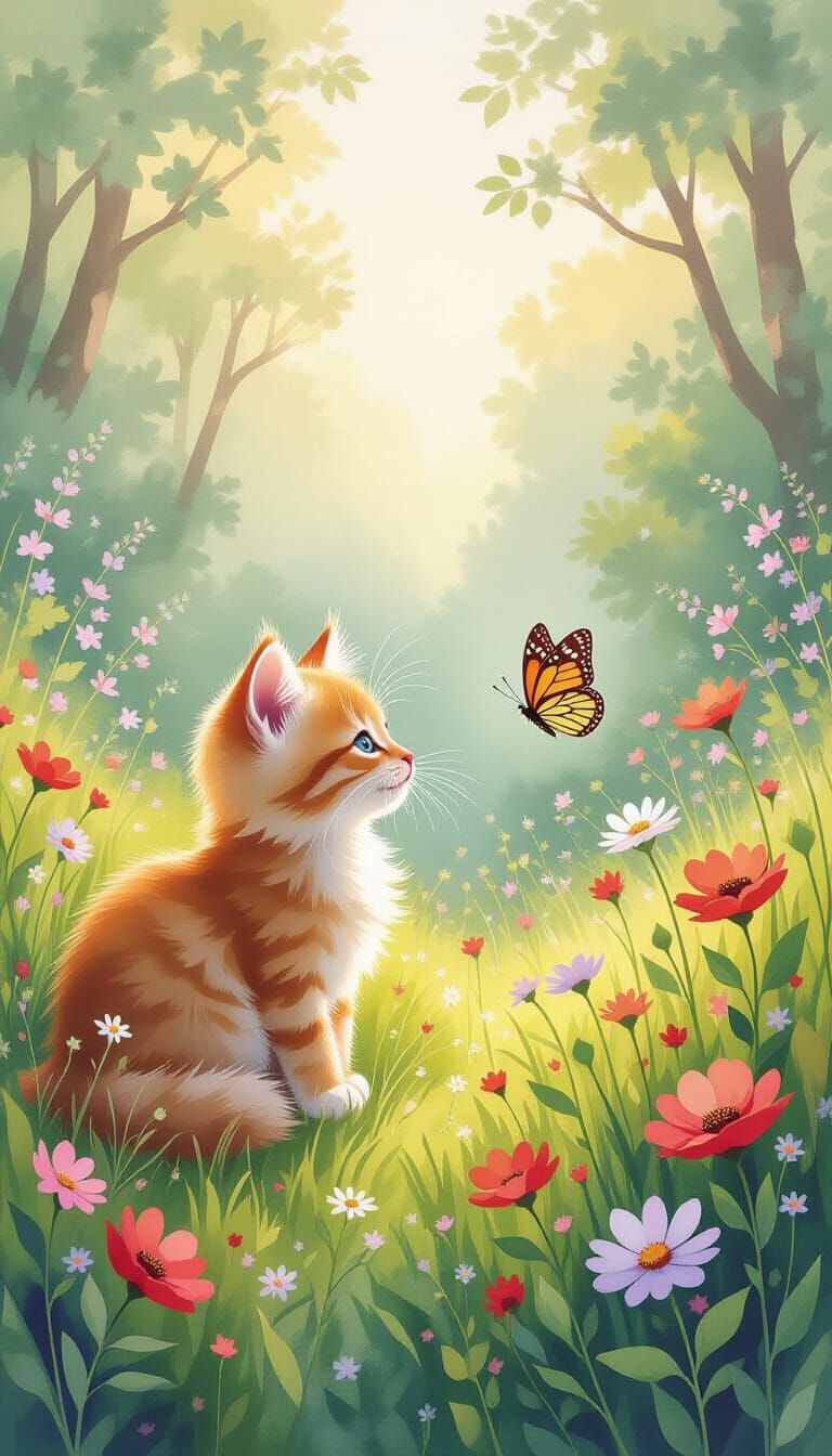 Kitten and Butterfly in Watercolor Magical Forest