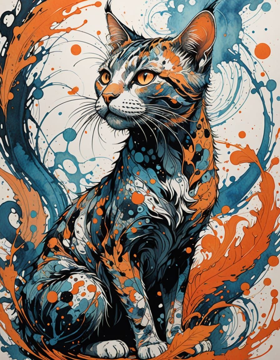 Surreal, Whimsical Cat in a Dreamlike, Ink and Pen Sketch