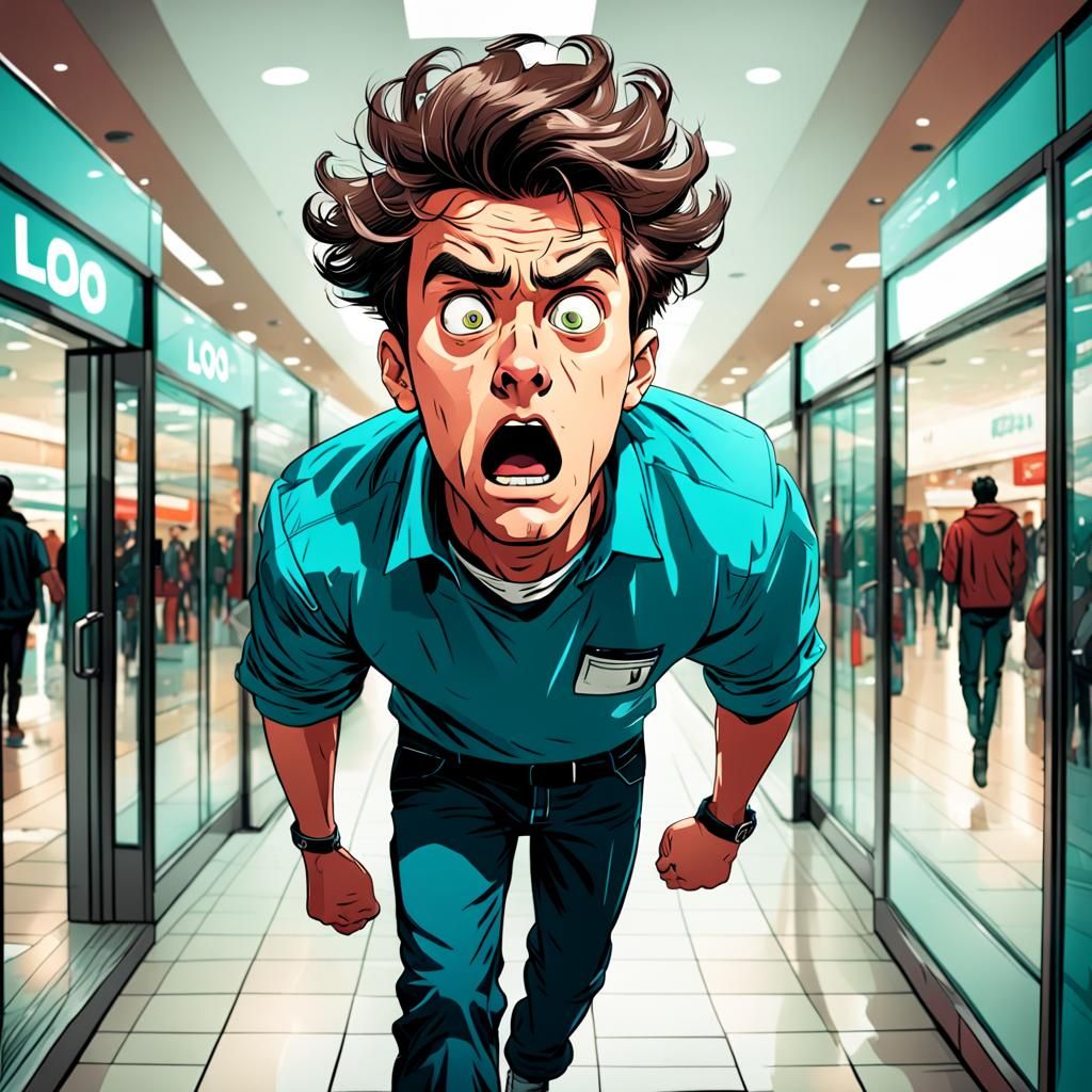 Man's Desperate Mall Loo Search in Comic Style