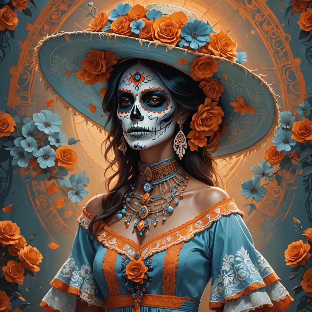 dia de los muertos lady, half body, centered, painted face, ...