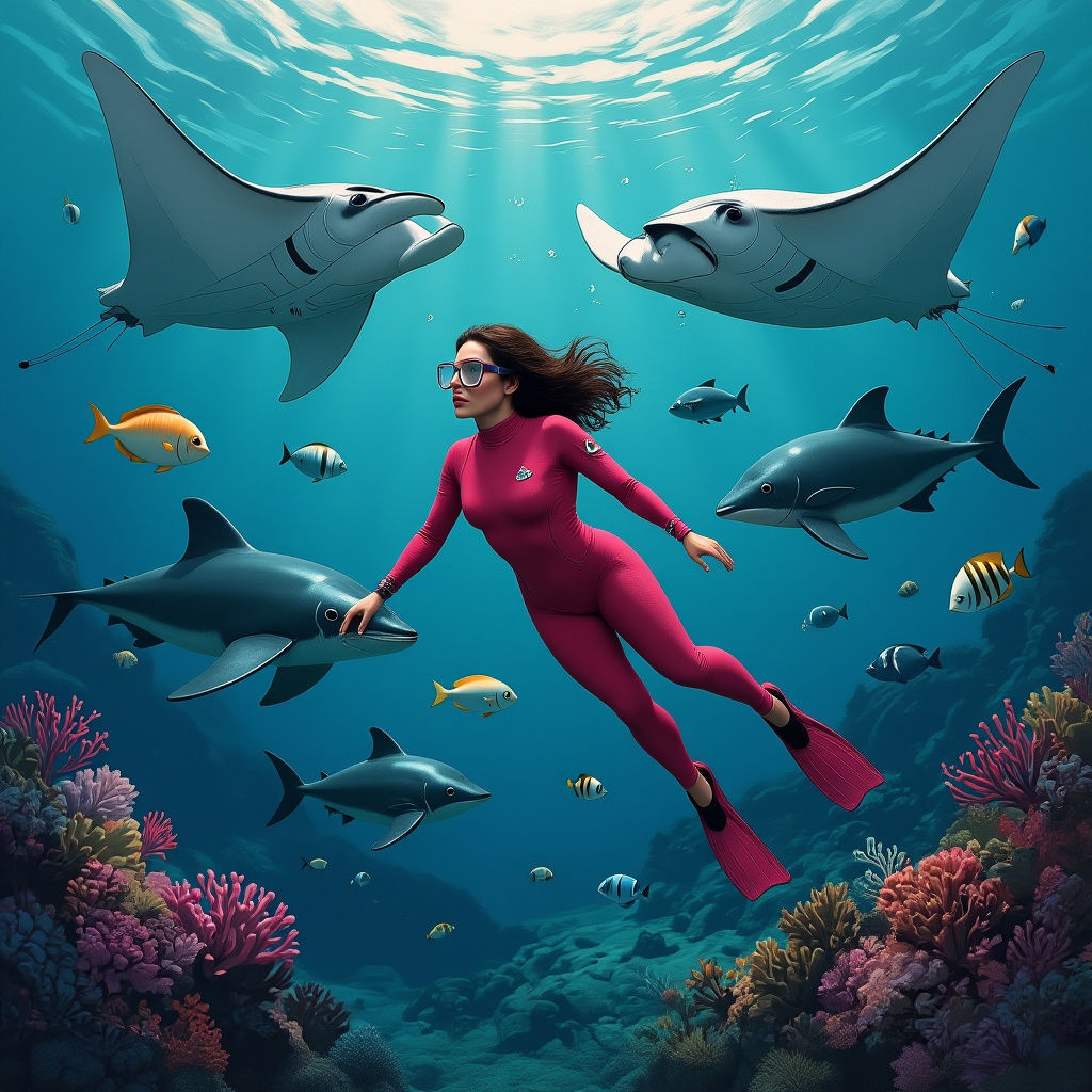 Pink Diver with Manta Rays in Ethereal Underwater Scene