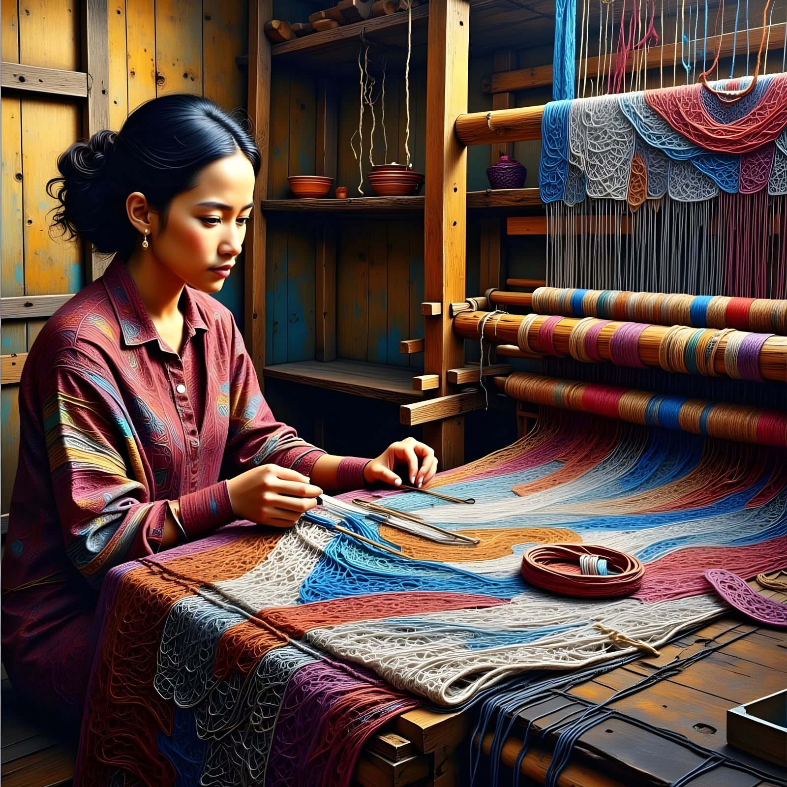 Woman Weaving Textured Blanket in Impasto Style