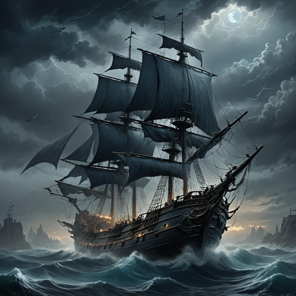 Ghost Ship Sailing Stormy Sea at Night
