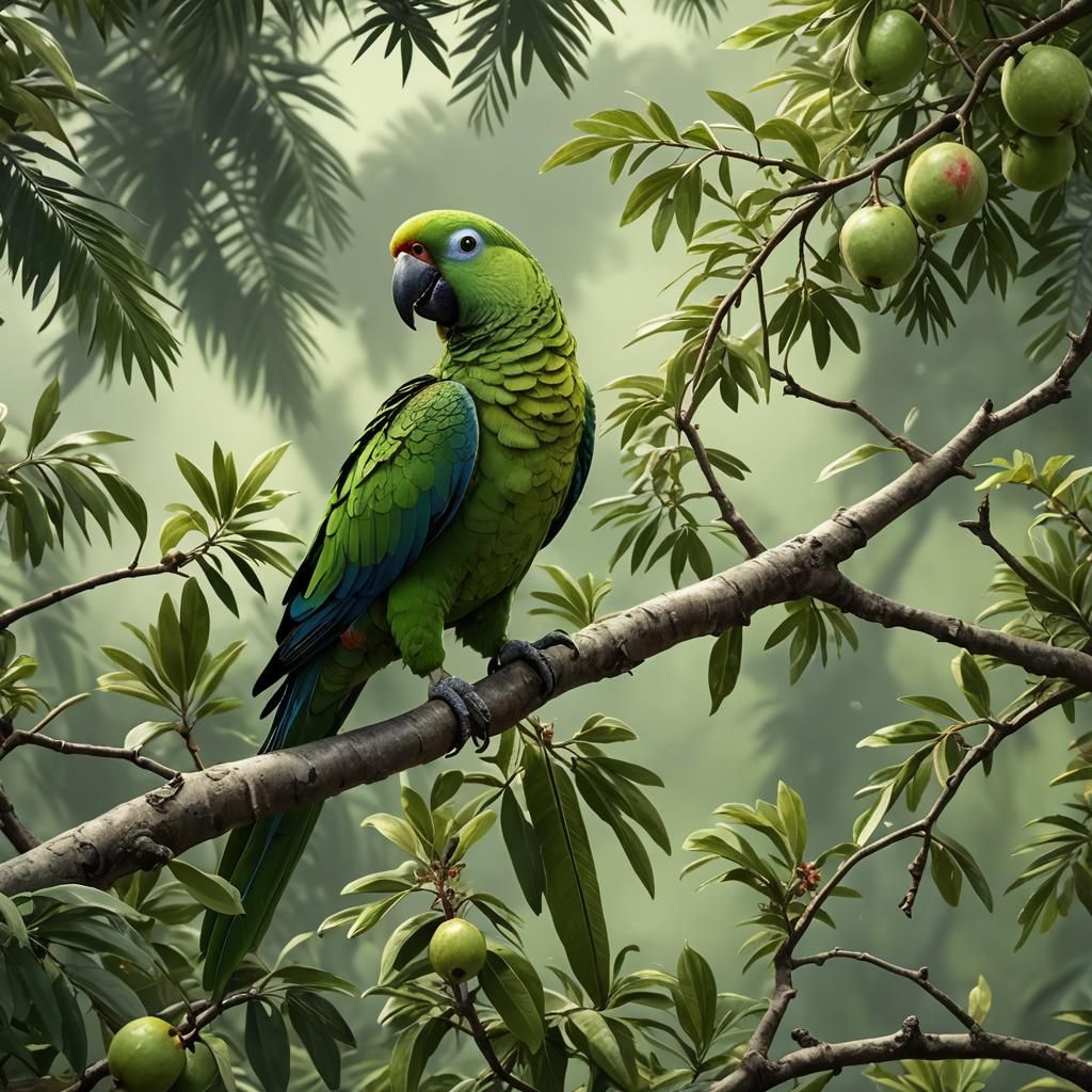 Detailed Matte Painting of an Indian Parrot Eating Guava
