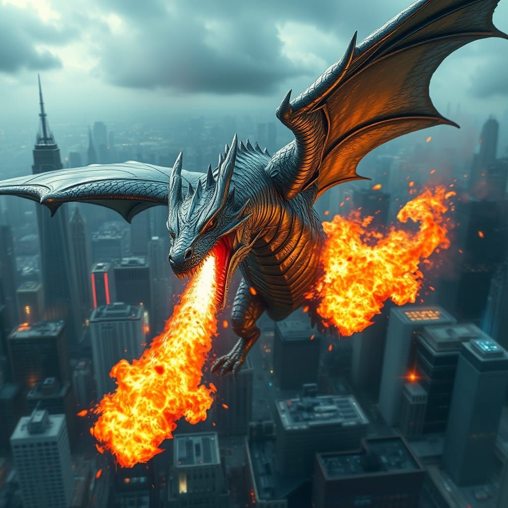 Steel Dragon Descends on Metropolis in Flames