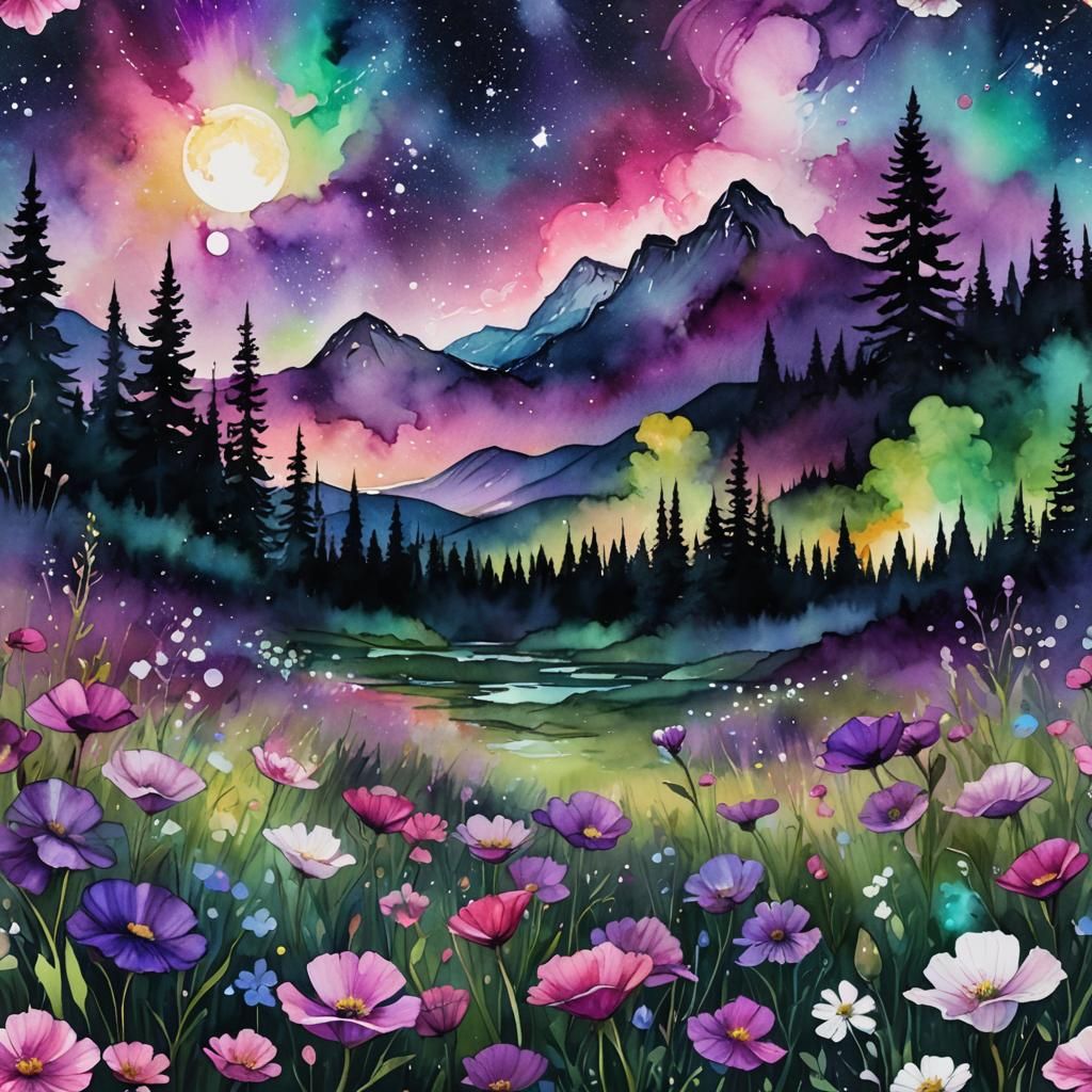 Cinematic Aurora Borealis Alcohol Ink Watercolor Painting