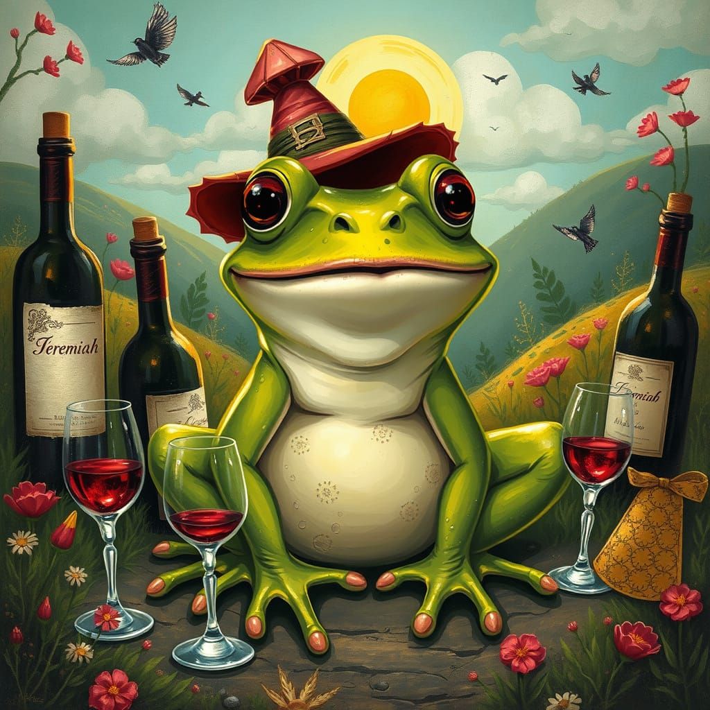 Cheerful Bullfrog in Whimsical Wine Landscape
