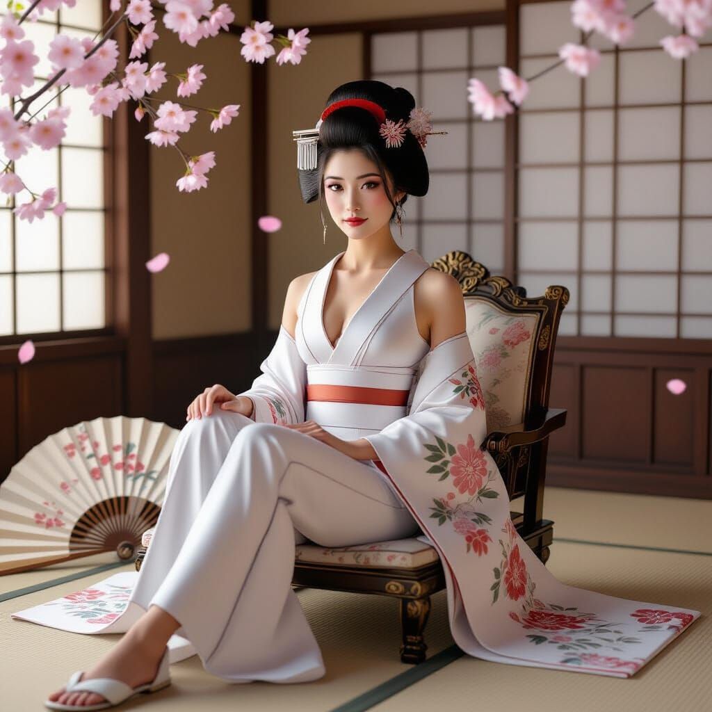 Geisha in Modern Attire Amidst Traditional Japanese Setting