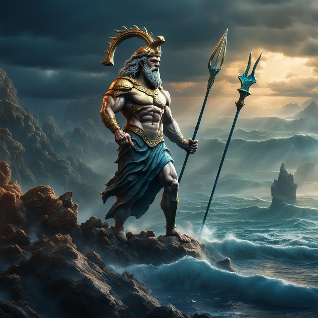 Poseidon Oversees Ocean in Detailed Digital Art