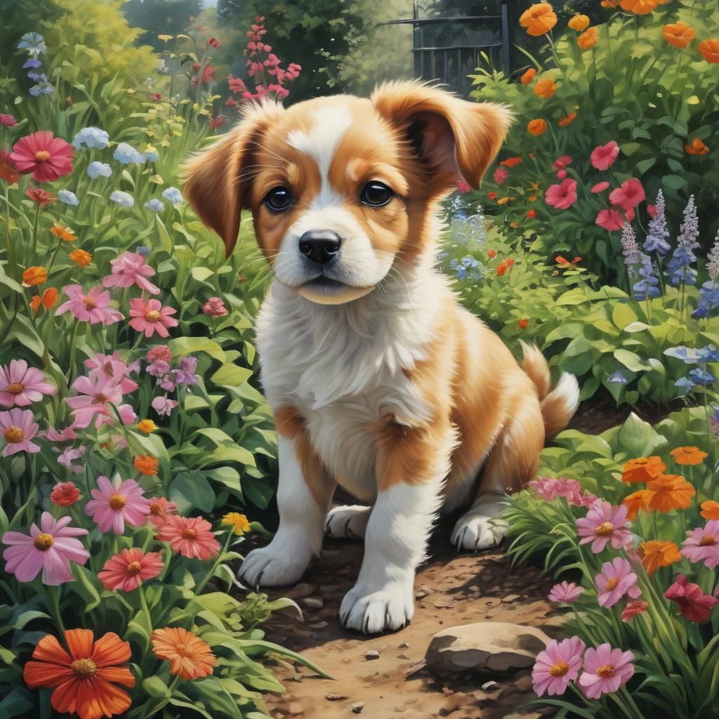 Puppy in Garden: Whimsical Painting