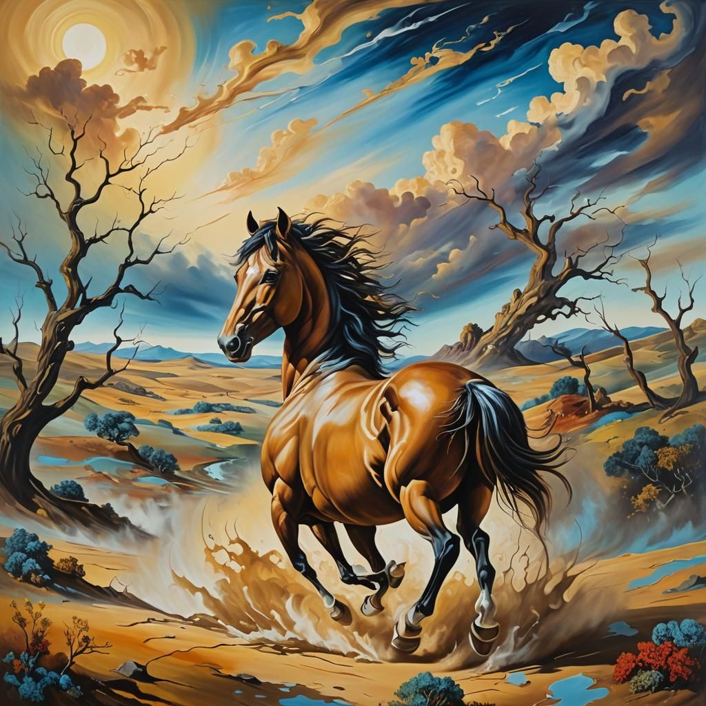 Surreal Mustang Gallops Through Dreamscape, Oil on Canvas