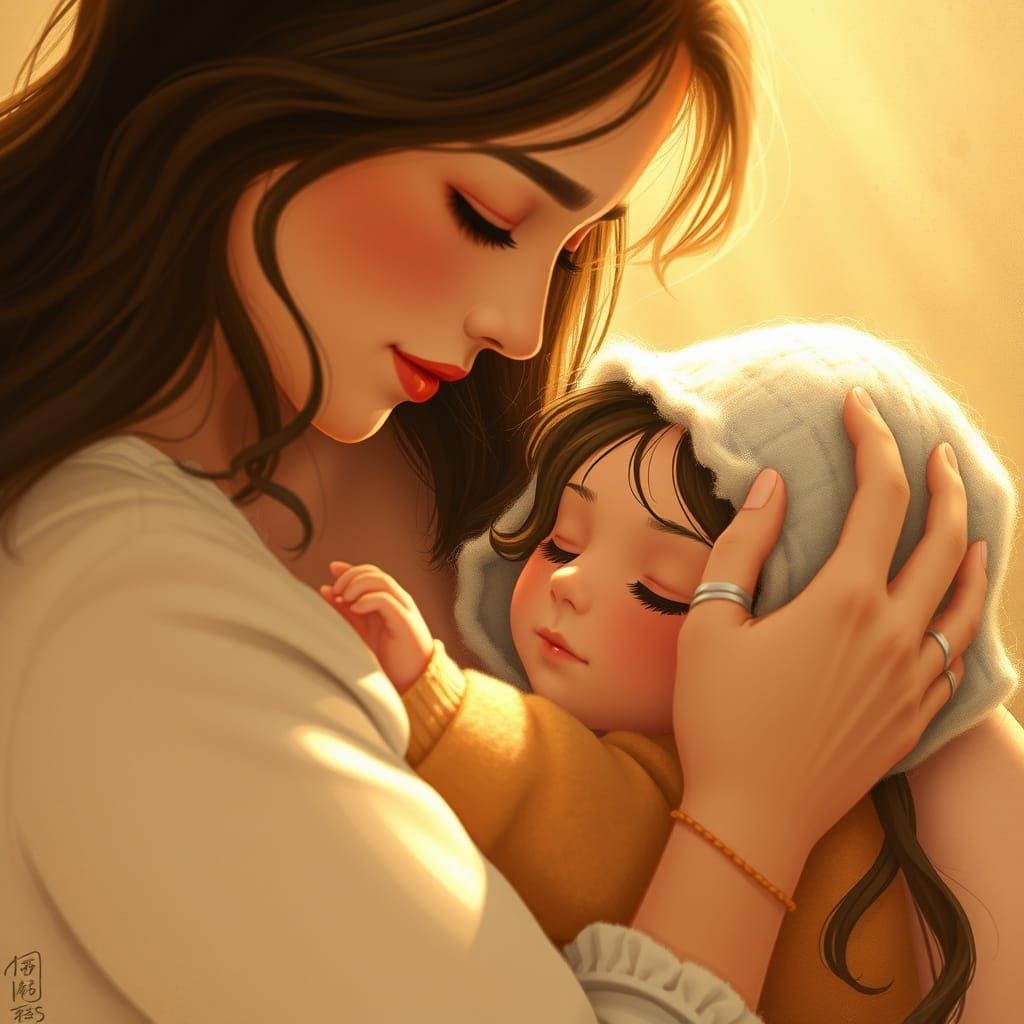 Mother and Daughter Share Heartwarming Embrace in Soft Golde...