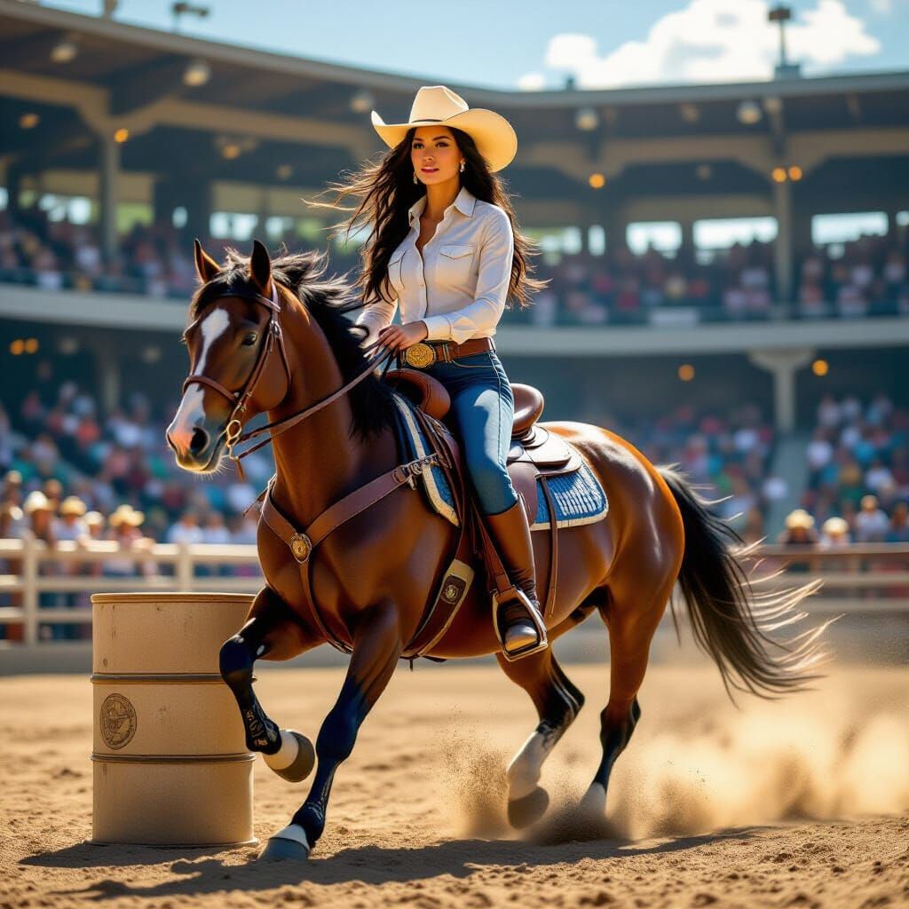 Woman Riding Horse in Barrel Race, Photorealistic Style
