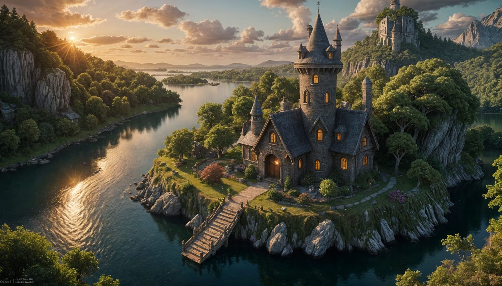 Elven Cottage on Lake at Sundown: Fantasy Art