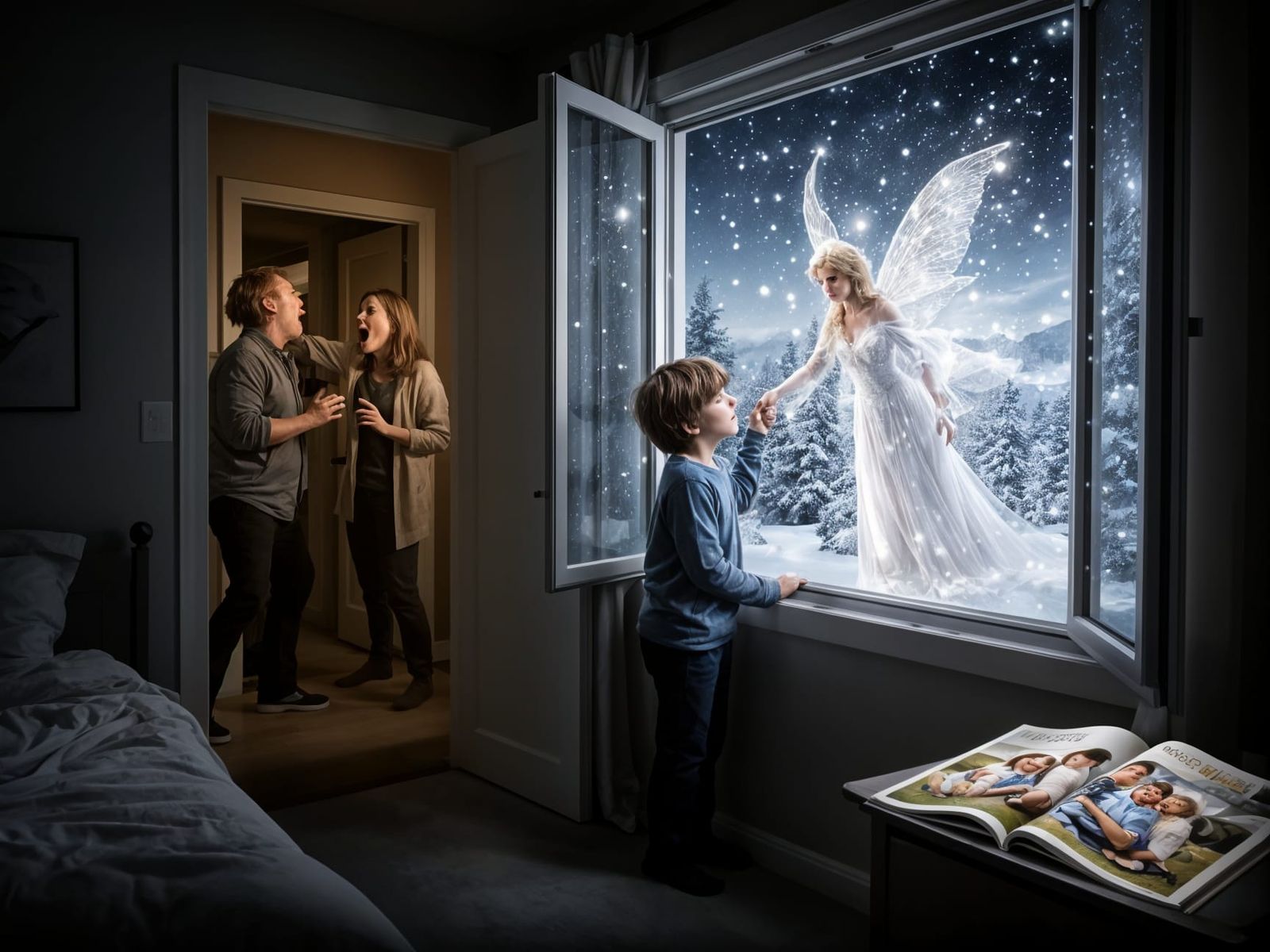 Boy Saved by Fairy Godmother on Starry Winter Night