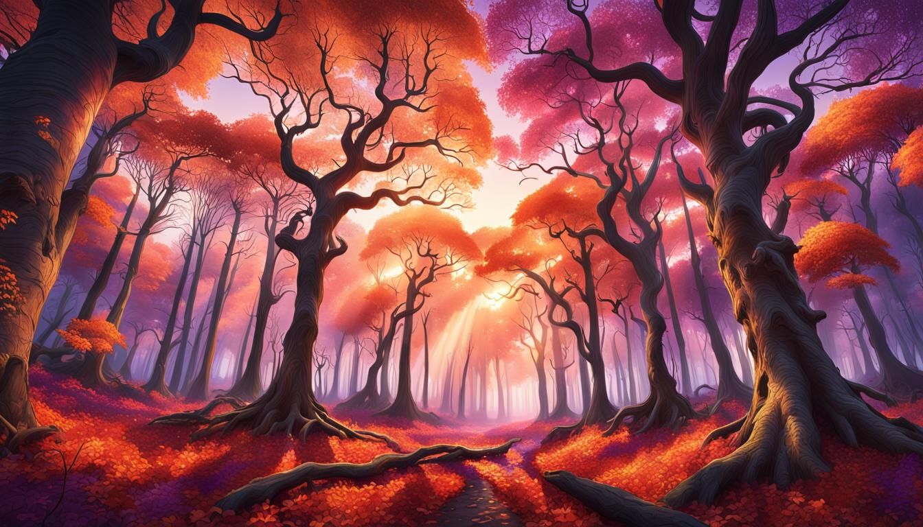 Mystical Sunset Forest in Astral Holographic Style