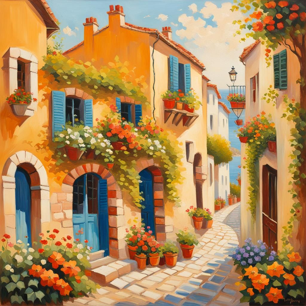 Charming Mediterranean Village as Impressionist Oil Painting