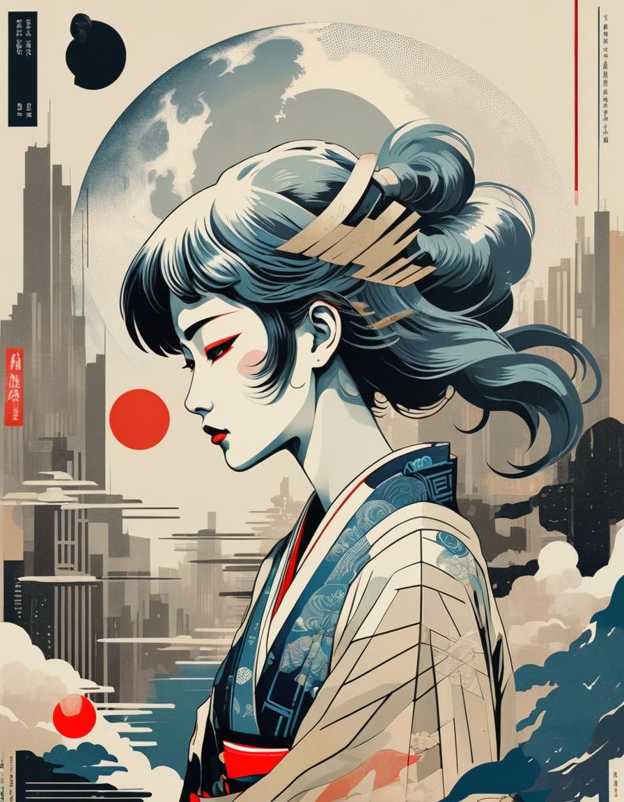 Cyberpunk Allegory in Ukiyo-e Style with Moon Profile