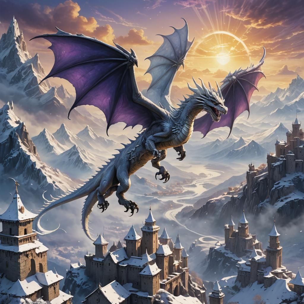 White Dragon Over Snowy Mountains, Matte Painting