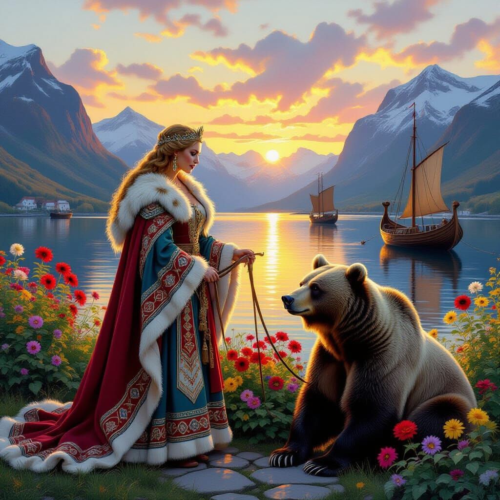 Viking Queen and Bear in Mountain Fjord Garden