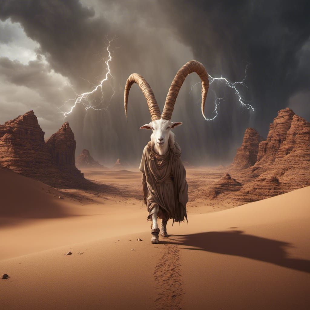 Goat Horned Figure in Desert Landscape