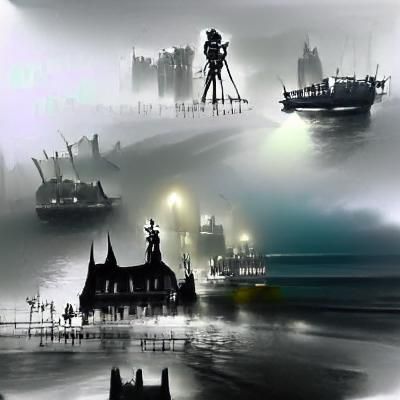 Gothic Seaside City with Fish People in Film Noir Style
