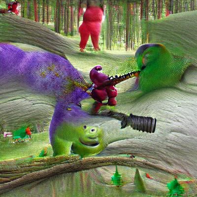 Barney vs. Shrek: Chainsaw Battle in the Woods