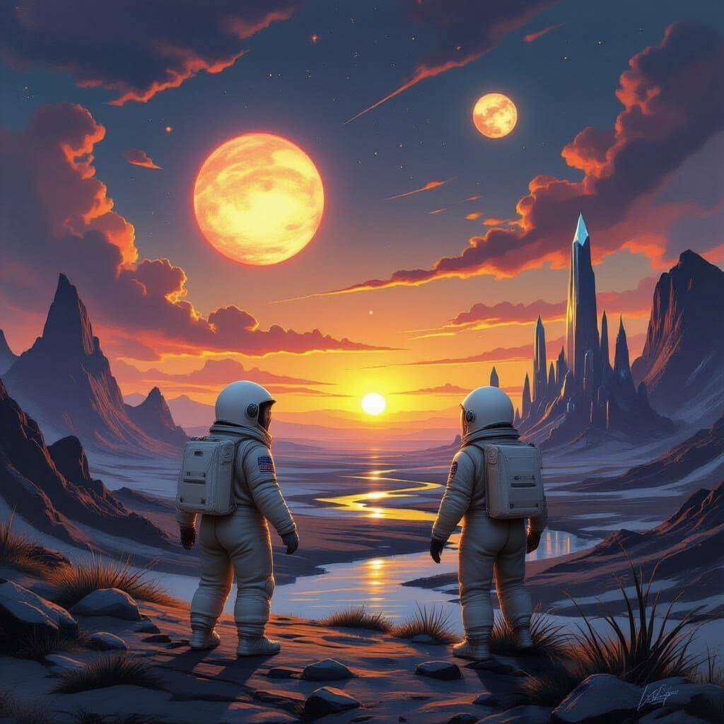 Hobbit Gazes at Binary Sunset on Alien World